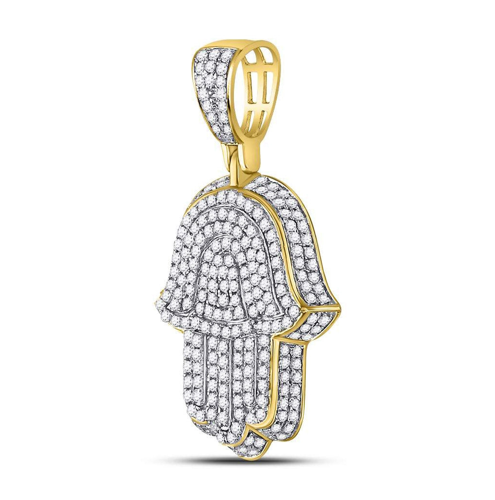 10K Yellow Gold Mens Round Diamond Hamsa Charm Pendant 1-1/4 Cttw, Length: 1.33 In, Width: 0.75 In