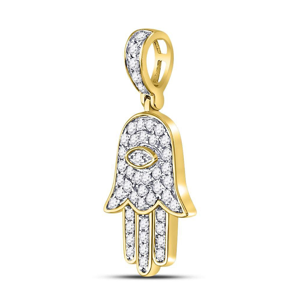 10K Yellow Gold Mens Round Diamond Hamsa Eye Fatima Charm Pendant 1/4 Cttw, Length: 1.07 In, Width: 0.54 In
