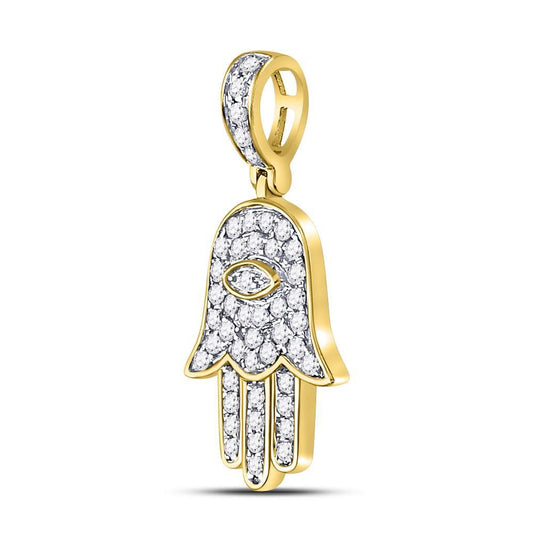 10K Yellow Gold Mens Round Diamond Hamsa Eye Fatima Charm Pendant 1/4 Cttw, Length: 1.07 In, Width: 0.54 In
