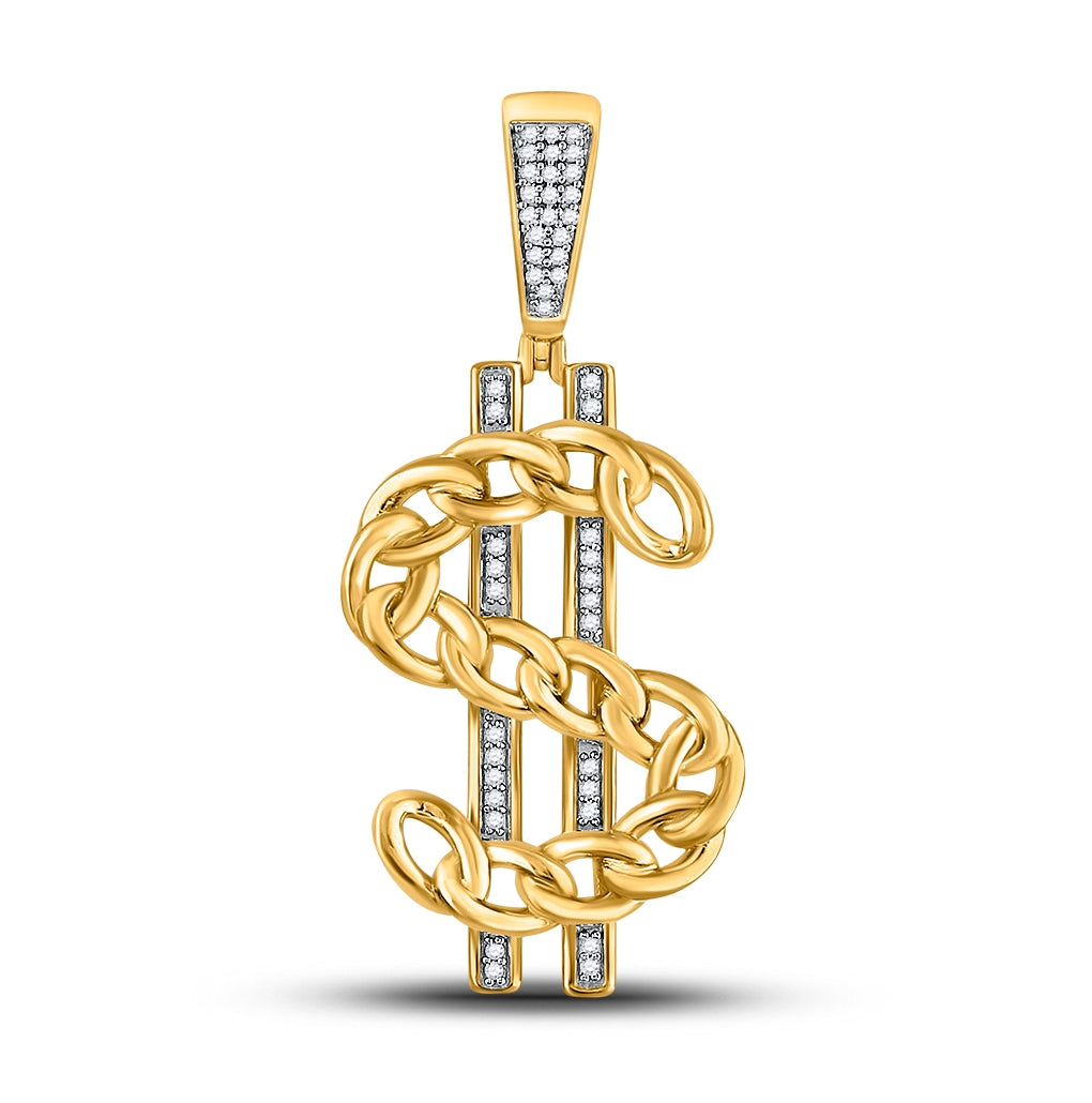 10K Yellow Gold Mens Round Diamond Chain Link Dollar Charm Pendant 1/8 Cttw
