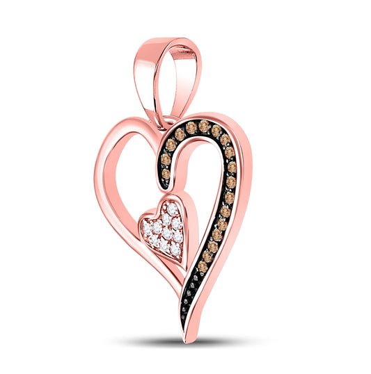 10K Rose Gold Womens Round Brown Diamond Heart Pendant 1/10ctw