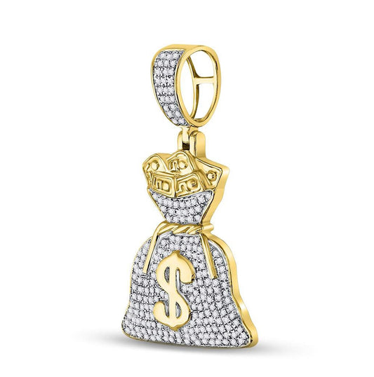 10K Yellow Gold Mens Round Diamond Money Bag Dollar Charm Pendant 1/2 Cttw, Length: 1.43 In, Width: 0.94 In