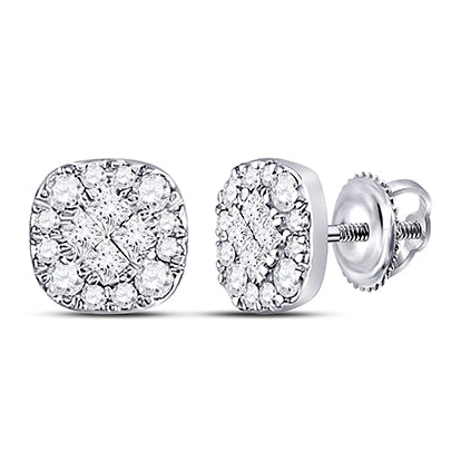 14K White Gold Womens Princess Round Diamond Square Cluster Earrings 1/4ctw