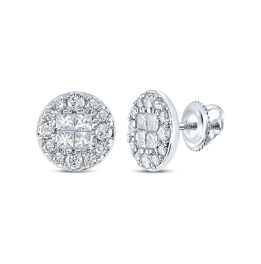 14K White Gold Womens Princess Round Diamond Cluster Earrings 1 Cttw