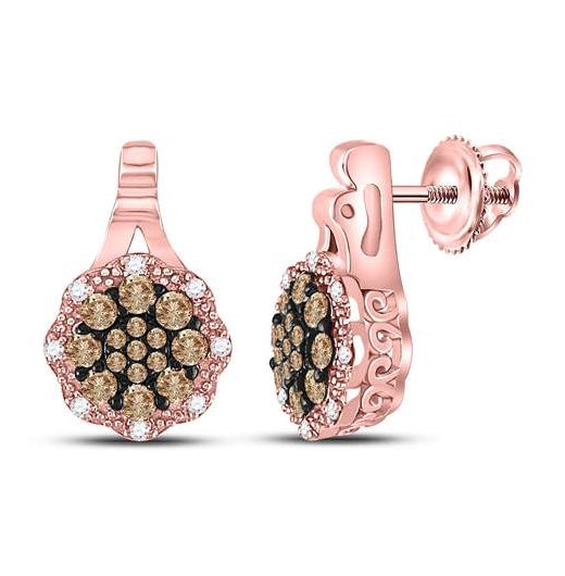 14K Rose Gold Womens Round Brown Diamond Cluster Earrings 1/2 Cttw