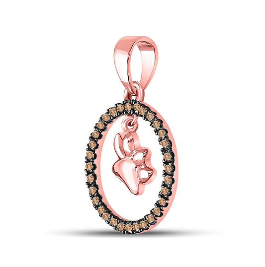 10K Rose Gold Womens Round Brown Diamond Dog Paw Print Circle Pendant 1/5 Cttw