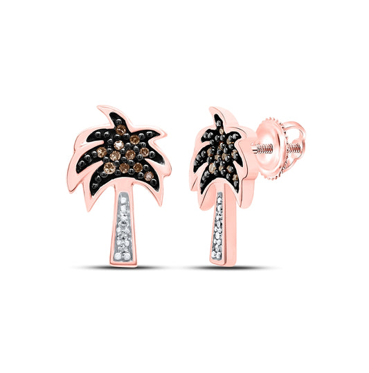 10K Rose Gold Womens Round Brown Diamond Palm Tree Earrings 1/8 Cttw