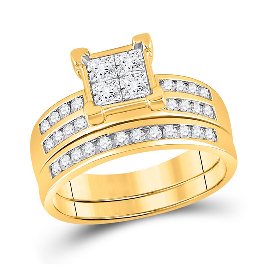 10kt Yellow Gold His Hers Princess Diamond Cluster Matching Bridal Wedding Ring Band Set 1-5/8 Cttw