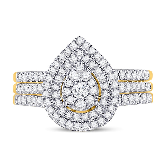 14K Yellow Gold Round Diamond Cluster 3-Piece Bridal Wedding Ring Band Set 3/4 Cttw, Womens Size: 5-10