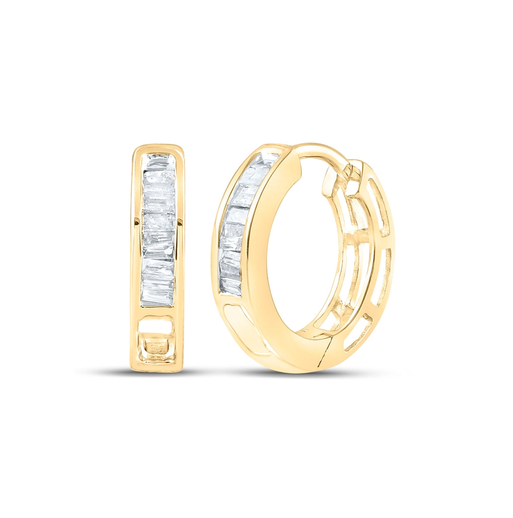 10K White Or Yellow Gold Womens Baguette Diamond Huggie Hoop Earrings