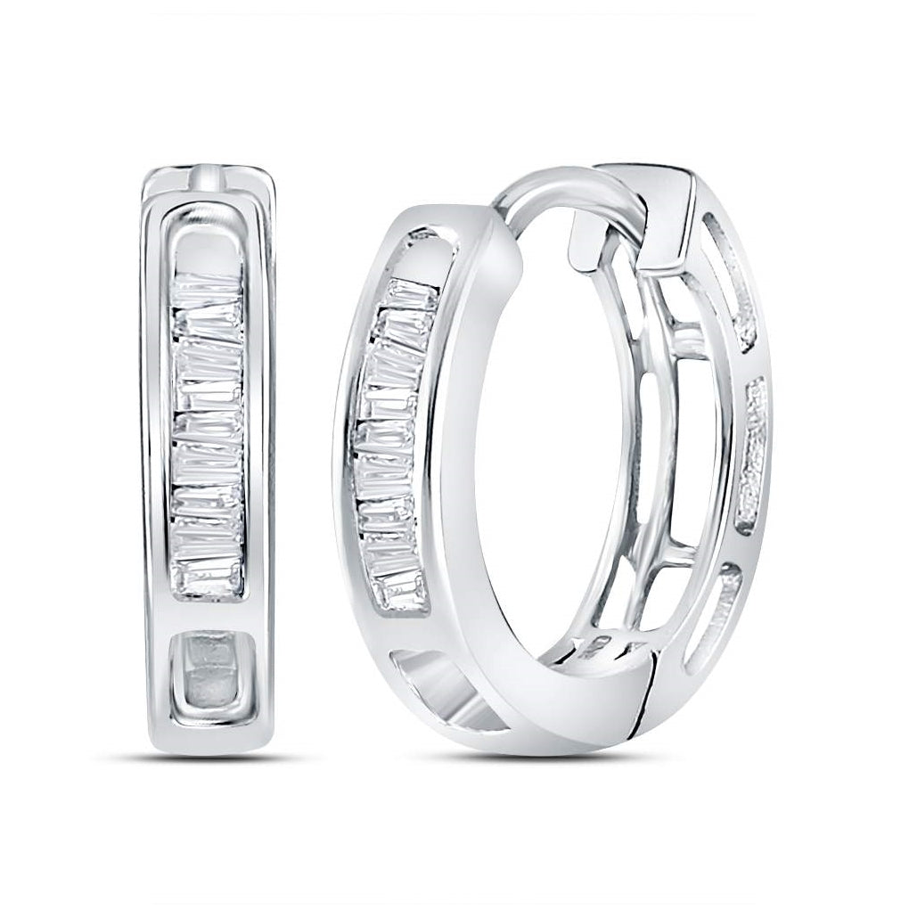 10K White Or Yellow Gold Womens Baguette Diamond Huggie Hoop Earrings