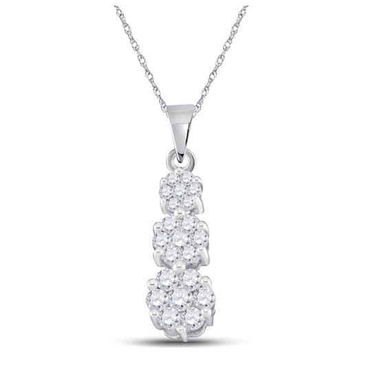 14K White Gold Womens Round Diamond Triple Flower Cluster Pendant 1/2 Cttw, Length: 0.93 In, Width: 0.22 In
