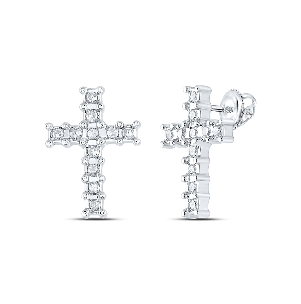 10K White Or Yellow Gold Womens Round Diamond Cross Earrings