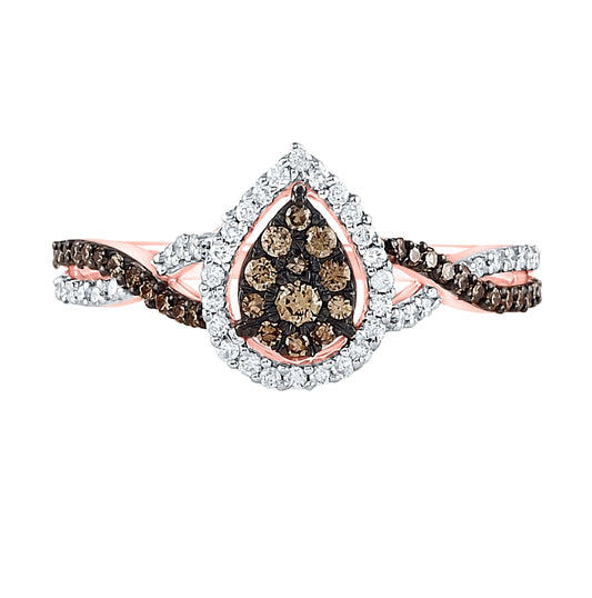 10K Rose Gold Womens Round Brown Diamond Fashion Pear Cluster Ring 1/3 Cttw, Womens Size: 5-10