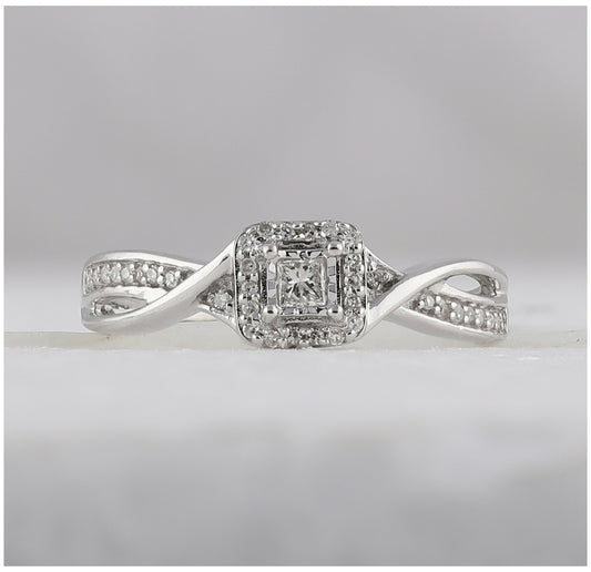 Sterling Silver Womens Princess Diamond Solitaire Promise Bridal Ring 1/8 Cttw