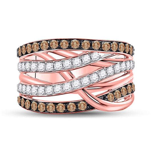 14K Rose Gold Womens Round Brown Diamond Crossover Fashion Ring 1-1/3 Cttw, Womens Size: 5-10