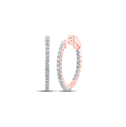 10K Rose Gold Womens Round Diamond Inside Outside Hoop Earrings 1 Cttw