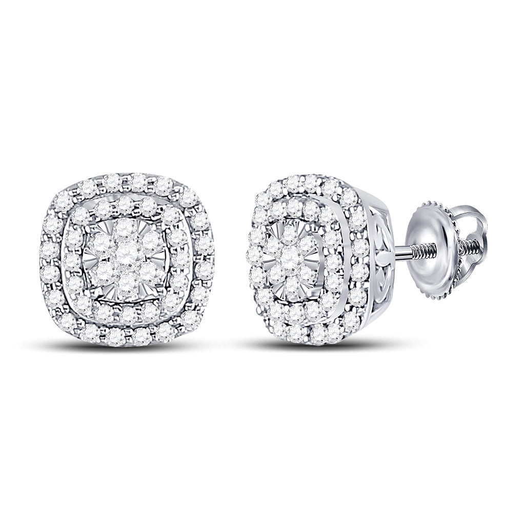 14K White Gold Womens Round Diamond Cushion Halo Cluster Earrings 1/2ctw