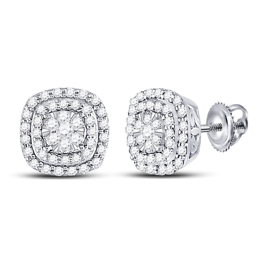 14K White Gold Womens Round Diamond Cushion Halo Cluster Earrings 1/2ctw