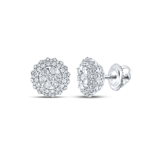 14K White Gold Womens Round Diamond Halo Cluster Earrings 1ctw