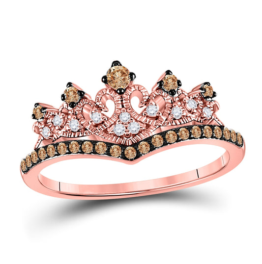 10K Rose Gold Womens Round Brown Diamond Crown Tiara Ring 1/3 Cttw, Womens Size: 5-10
