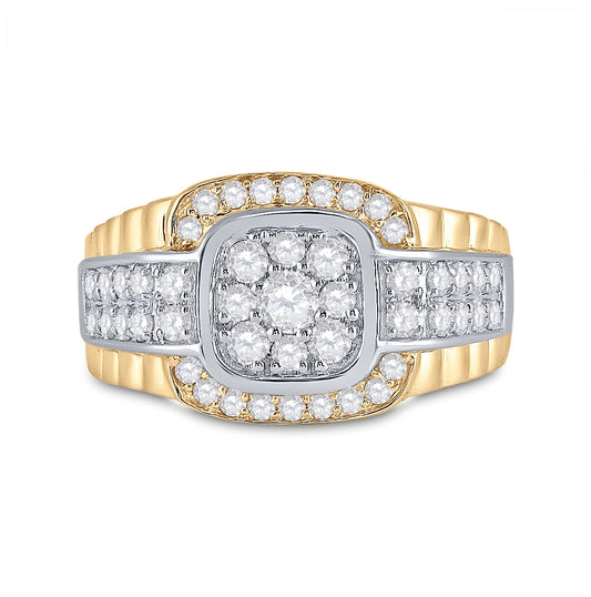 10K Two-tone Gold Mens Round Diamond Ribbed Square Cluster Ring 1-1/4 Cttw, Mens Size: 7-13