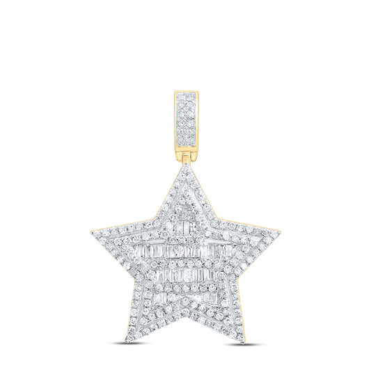10K Yellow Gold Mens Baguette Diamond Star Charm Pendant 3/4 Cttw, Length: 1.43 In, Width: 1.02 In