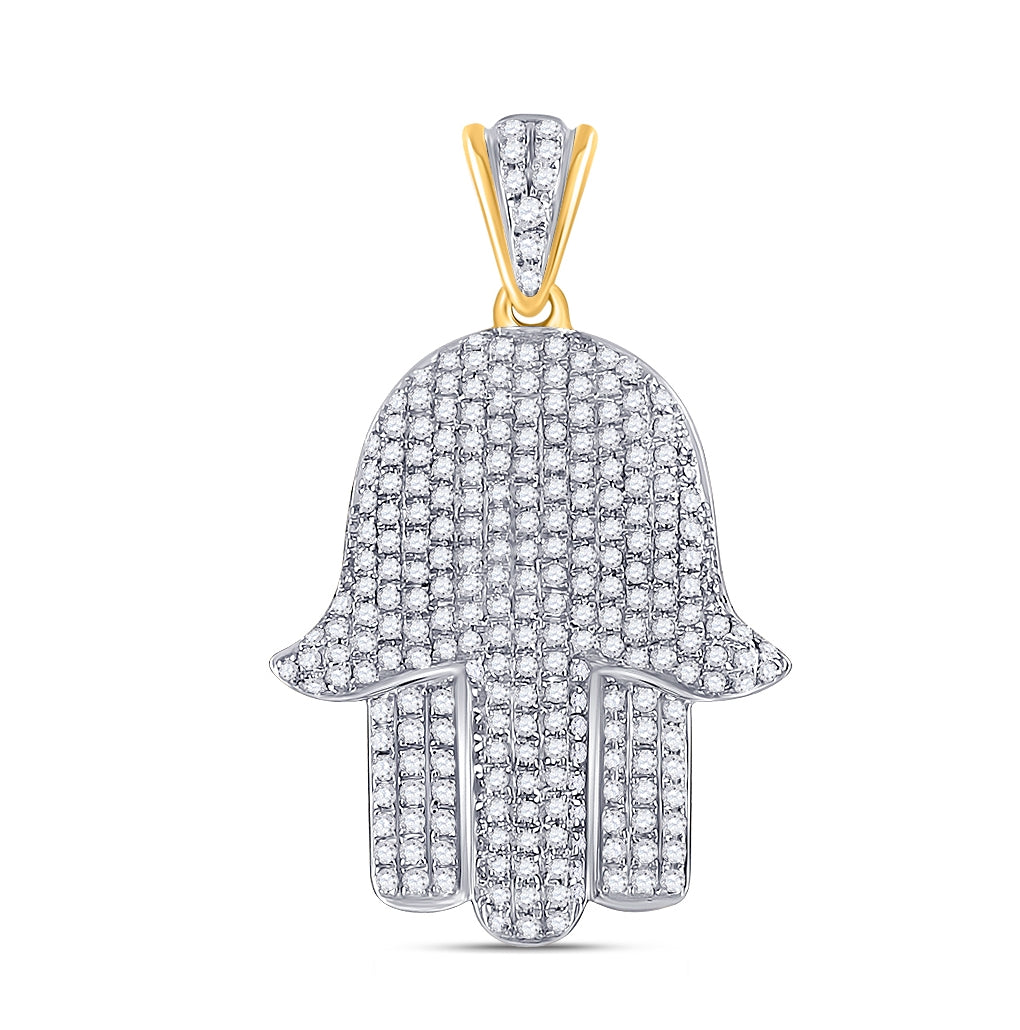 10K Yellow Gold Mens Round Diamond Hamsa Hand Charm Pendant 3/4 Cttw, Length: 1.15 In, Width: 0.72 In