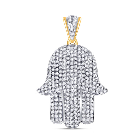 10K Yellow Gold Mens Round Diamond Hamsa Hand Charm Pendant 3/4 Cttw, Length: 1.15 In, Width: 0.72 In