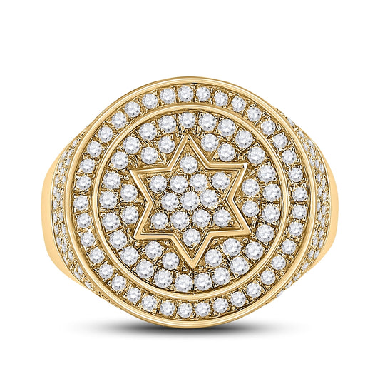 10K Yellow Gold Mens Round Diamond Magen David Star Circle Ring 2 Cttw, Mens Size: 7-13