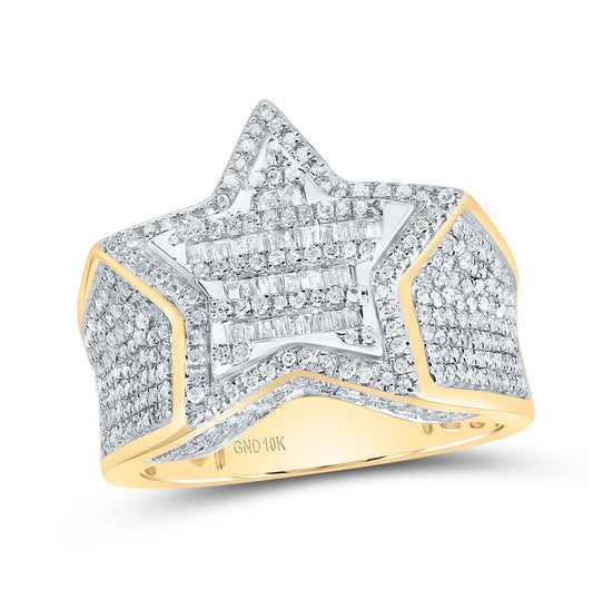 10K Yellow Gold Mens Baguette Diamond Cluster Star Ring 1 Cttw, Mens Size: 7-13