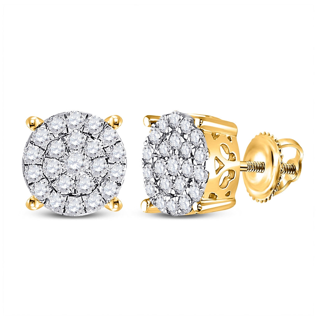 14K Yellow Gold Womens Round Diamond Cluster Earrings 1 Cttw, Length: 0.37 In, Width: 0.37 In