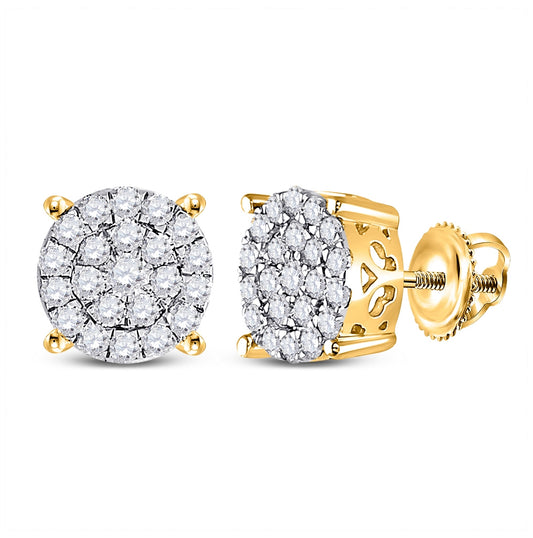 14K Yellow Gold Womens Round Diamond Cluster Earrings 1 Cttw, Length: 0.37 In, Width: 0.37 In