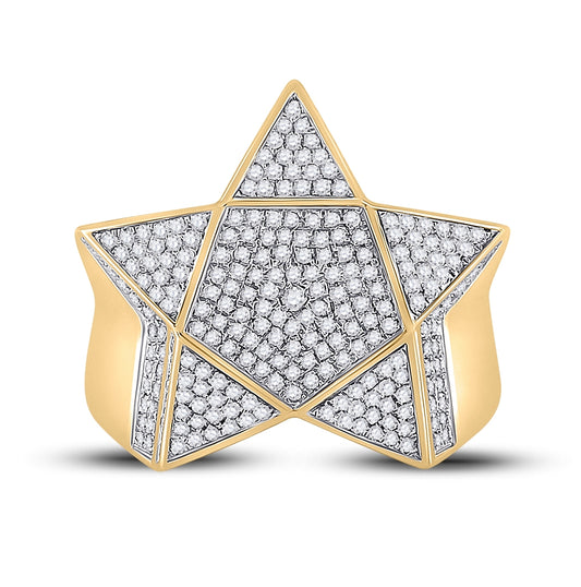 10K Yellow Gold Mens Round Diamond Star Statement Ring 1 Cttw, Mens Size: 7-13