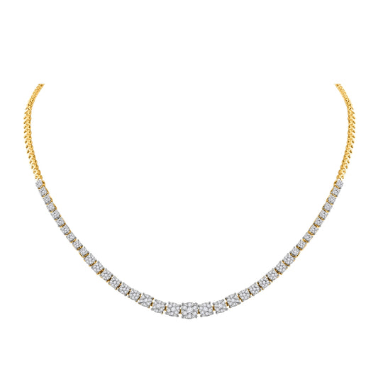 14K Yellow Gold Womens Round Diamond Tennis Fashion Cluster Necklace 2-1/3 Cttw, Length: 17.99 In
