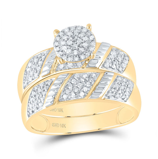 10K Yellow Gold His Hers Round Diamond Cluster Matching Wedding Set 1/2 Cttw, Womens Size: 5-10, Mens Size: 7-13