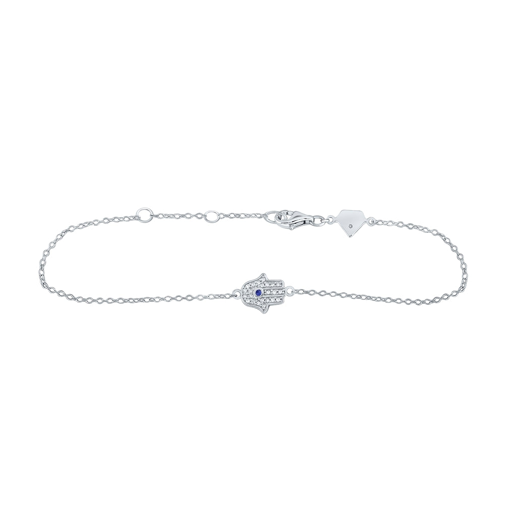 Sterling Silver Womens Round Lab-created Blue Sapphire Hamsa Fashion Bracelet 1/8 Cttw