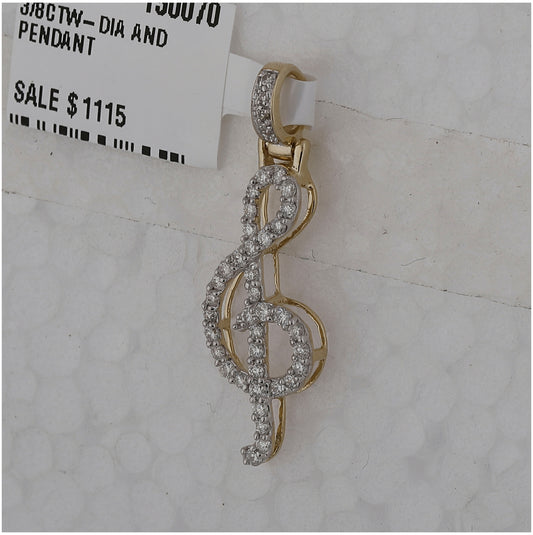 10K Yellow Gold Womens Round Diamond Music Treble Note Pendant 3/8 Cttw