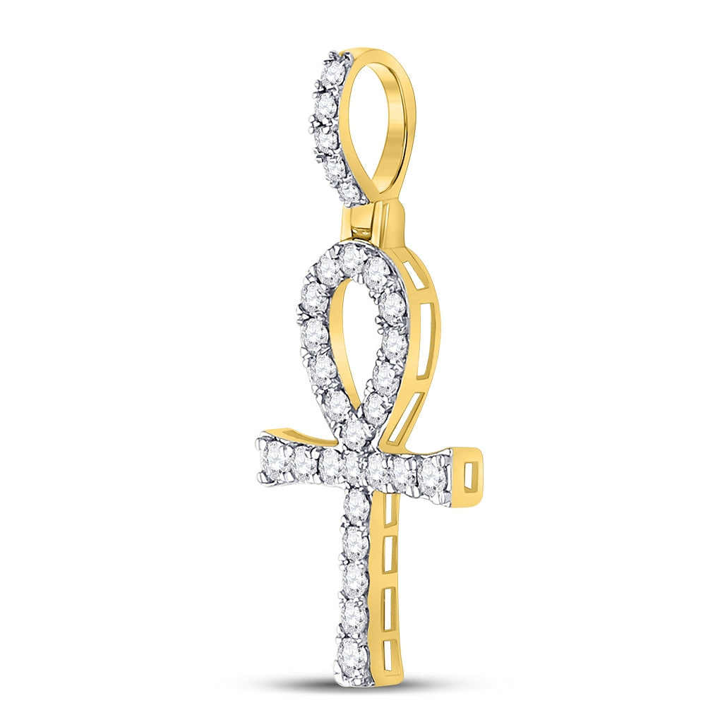 10K Yellow Gold Mens Round Diamond Ankh Cross Charm Pendant 1/2 Cttw, Length: 1.32 In, Width: 0.53 In
