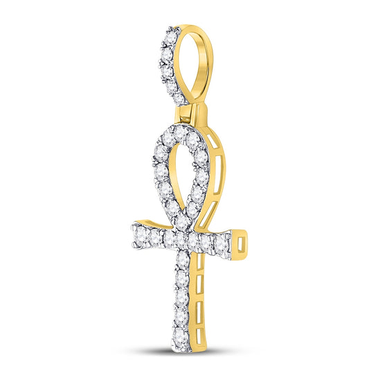 10K Yellow Gold Mens Round Diamond Ankh Cross Charm Pendant 1/2 Cttw, Length: 1.32 In, Width: 0.53 In
