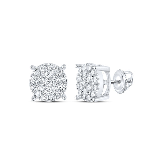10K White Gold Womens Round Diamond Circle Cluster Earrings 1 Cttw, Length: 0.35 In, Width: 0.35 In