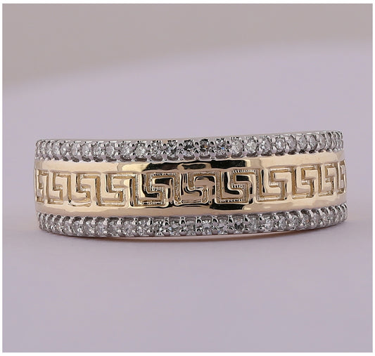 10K Yellow Gold Mens Round Diamond Wedding Greek Key Band Ring 1/3 Cttw, Mens Size: 7-13