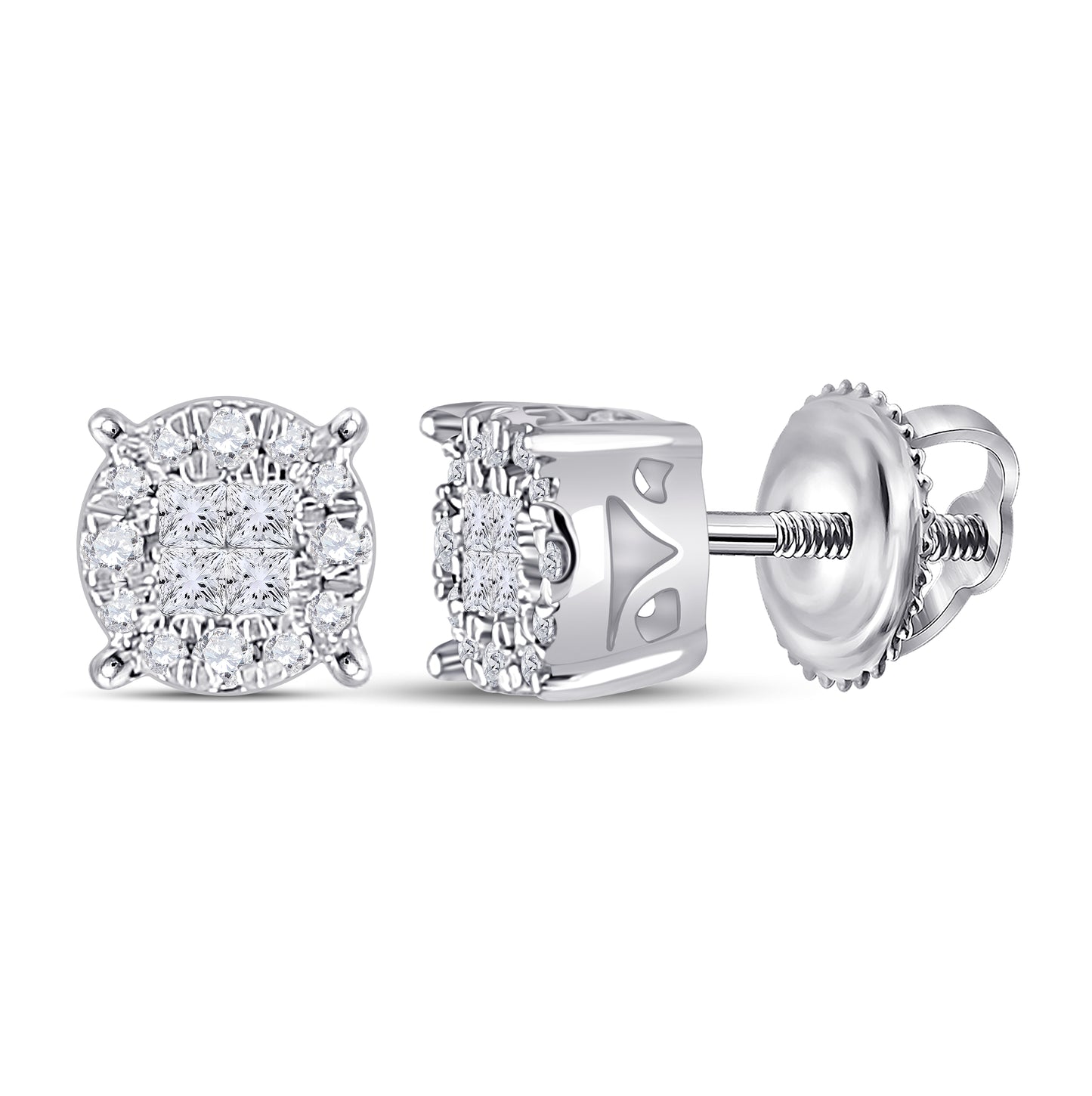 14K White Gold Womens Princess Diamond Fashion Cluster Earrings 1/6 Cttw, Length: 0.2 In, Width: 0.2 In