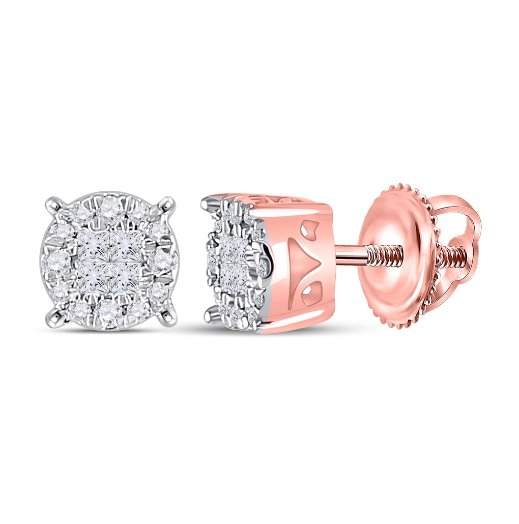 14K Rose Gold Womens Princess Diamond Round Cluster Earrings 1/6 Cttw, Length: 0.2 In, Width: 0.2 In