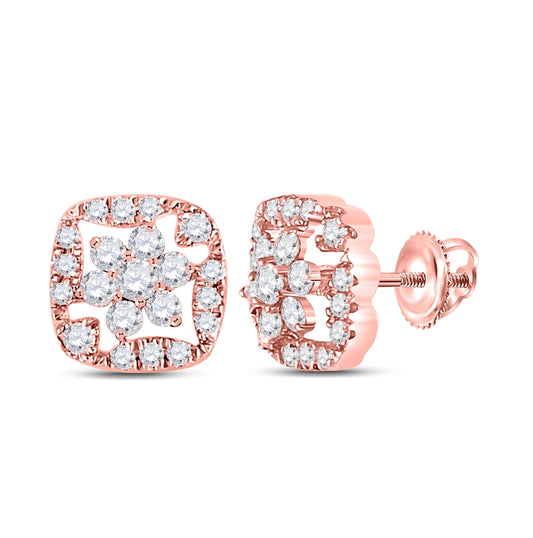 14K Rose Gold Womens Round Diamond Square Floral Cluster Earrings 3/8ctw