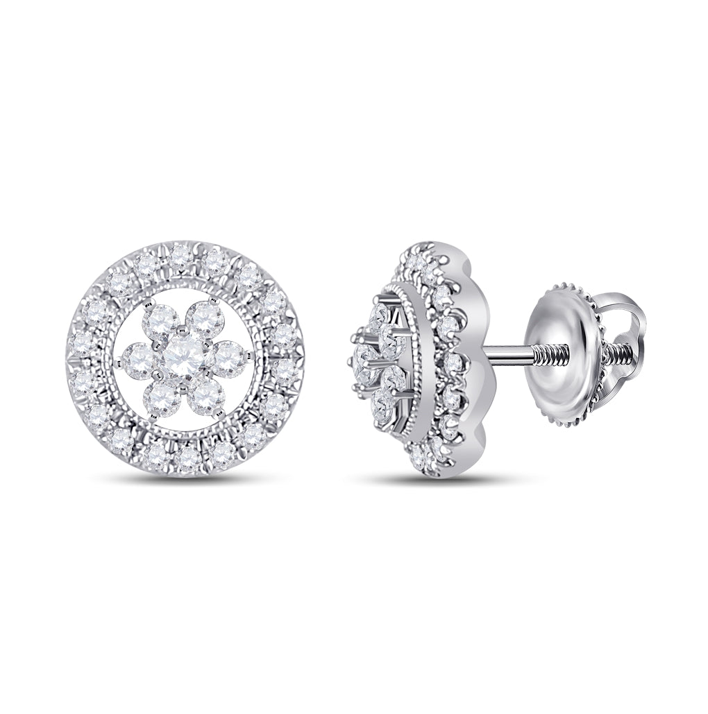 14K White Gold Womens Round Diamond Circle Floral Cluster Earrings 3/8ctw
