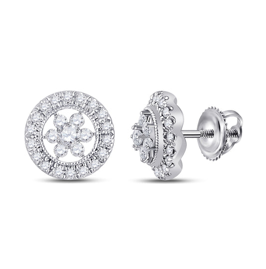 14K White Gold Womens Round Diamond Circle Floral Cluster Earrings 3/8ctw