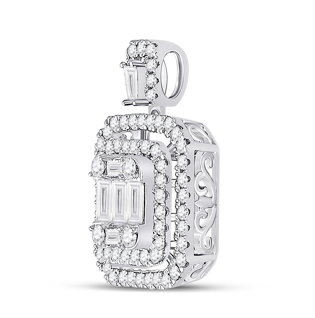 14K White Gold Womens Baguette Diamond Square Cluster Pendant 1 Cttw, Length: 0.78 In, Width: 0.5 In