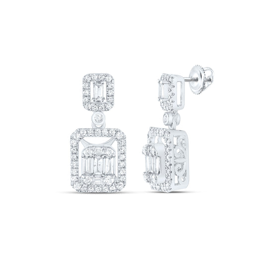 14kt White Gold Womens Baguette Diamond Cocktail Dangle Earrings 1.00 Cttw
