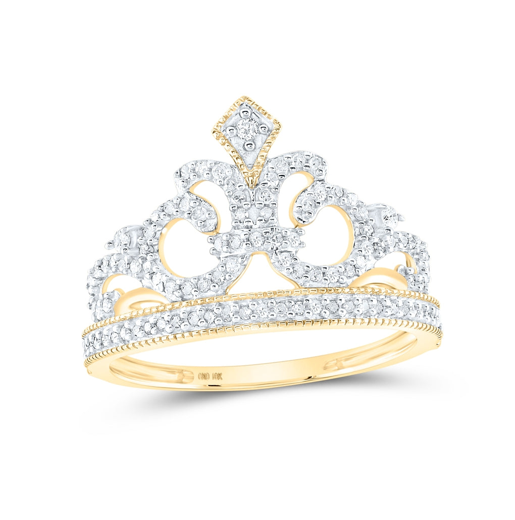 10K Yellow Or White Or Rose Gold Womens Round Diamond Fleur Crown Tiara Fashion Ring , Womens Size: 5-10